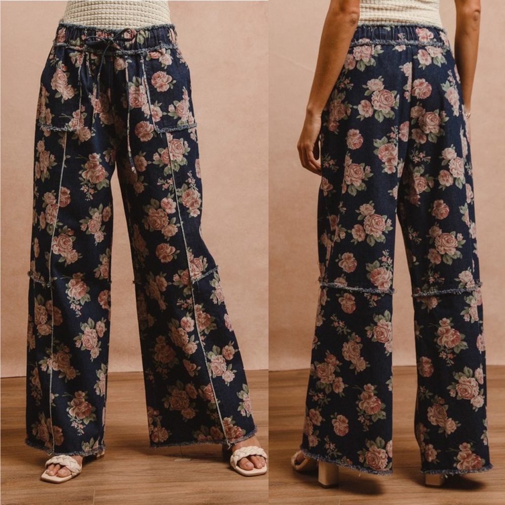 Anthropologie Navy Floral Wide-Leg Jeans